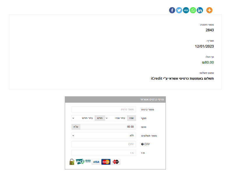 הכנסת פרטים למסך תשלום בכרטיסי אשראי דרך מערכת ICREDIT